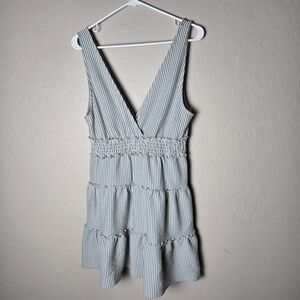 American Eagle Outfitters Green and White Striped Smocked Mini Dress